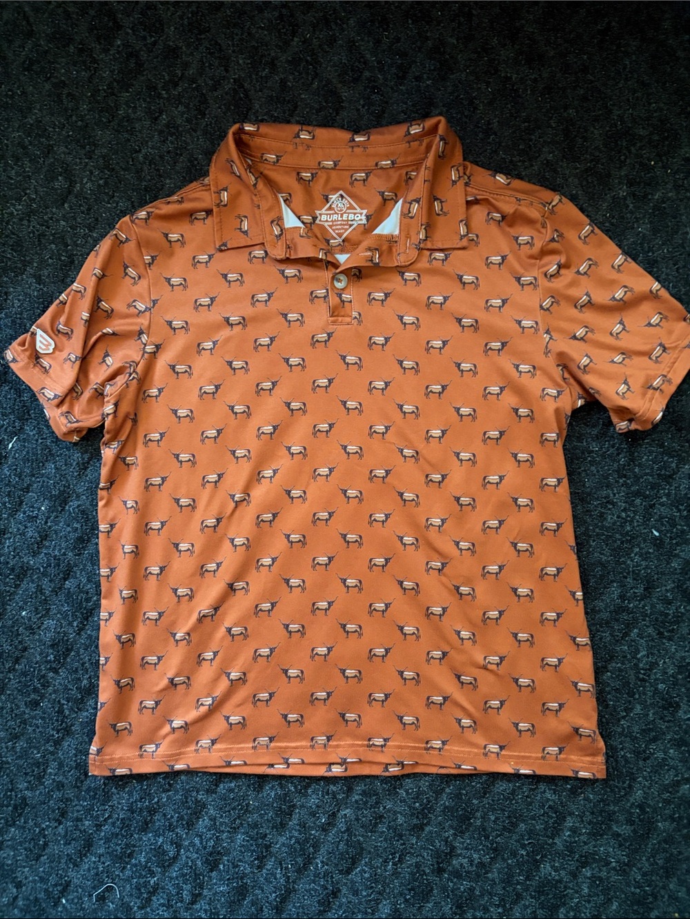 Burlebo Boys Size XL 14/16 Performance Polo Burnt Orange Longhorn Print